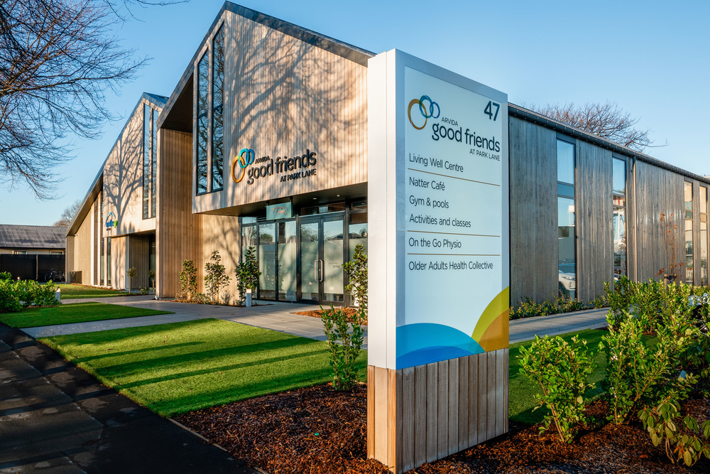 Exterior shot of the Living Well Centre and sign at the entrance at Park Lane, Christchurch